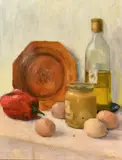 A still life of mixed kitchen objects by Patricia Langmead, oil on panel, sold Feb 2024