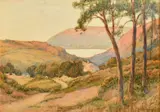 Cottages in a valley with a view of a bay beyond by John Fullwood, watercolour, sold Feb 2024
