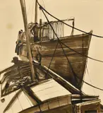 Fishing Boats, St. Ives, 1964 by Victor Bramley, ink and wash, sold Feb 2024