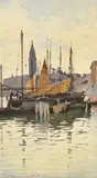 Boats drying their sails in a Venetian quay by Alberto Prosdocimi, watercolour, sold Feb 2024