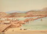 View of a train on a bridge crossing a bay by Charles E. Hannaford, watercolour, sold Feb 2024