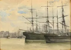 Port de Rouen' tall ships moored in a city quay by Jules Lessore, watercolour, sold Feb 2024