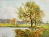 A quartet of golfers about to play towards a green by William Tatton Winter, watercolour, sold Feb 2024