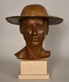 Girl in a hat, circa 2000, from an edition of 3, life-size bronze on a stone socle, 16.75" (42.5cm) overall by Sally Hersh, bronze, sold Feb 2024