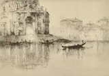 Gondolas on a Venetian canal by Sydney Litton, etching, sold Feb 2024