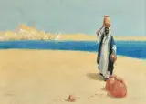 GREEK/ENGLISH, a North African figure carrying vessels with a river and city beyond by William Spencer Bagdatopoulos, gouache, offered Jan 2024