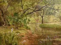 A shaded river landscape with wildflowers in the foreground by René Charles Edmond His, oil on canvas, offered Jan 2024