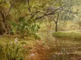 A shaded river landscape with wildflowers in the foreground by René Charles Edmond His, oil on canvas, offered Jan 2024