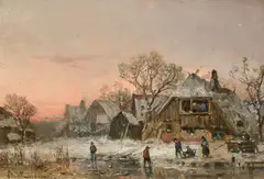 German, figures gathered by a frozen pond at dusk by Adolf Stademann, oil on board, offered Jan 2024