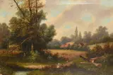A landscape with a group of cottages, sheep and chickens in the fields and two figures collecting wood near a pond by William Yates Snr, oil on canvas, sold Jan 2024