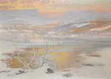 Swedish, dusk over a mountain lake, a winter landscape by Carl Brandt, oil on canvas, sold Jan 2024