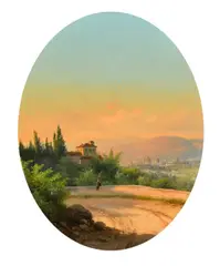 Italian, a pair of Italian views, a female figure viewing Florence, a fisherman with a distant view of Rome by Guido Agostini, oil on board, sold Jan 2024