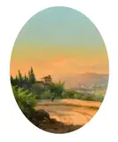Italian, a pair of Italian views, a female figure viewing Florence, a fisherman with a distant view of Rome by Guido Agostini, oil on board, sold Jan 2024