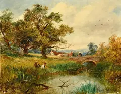 British, a fisherman and his companions amongst reeds with a figure crossing a stone bridge beyond by David Bates, 1882, oil on canvas, sold Jan 2024