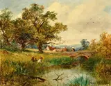 British, a fisherman and his companions amongst reeds with a figure crossing a stone bridge beyond by David Bates, 1882, oil on canvas, sold Jan 2024