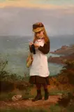 British, a young girl knitting on a coastal path by Frank Brooks, 1883, oil on canvas, sold Jan 2024
