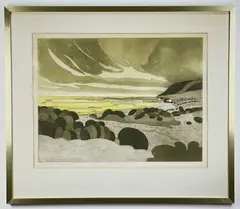 artists proof (14/15) etching with colour - Dunes at Port Eynon Bay, signed, titled by John Brunsden, etching, sold Apr 2022