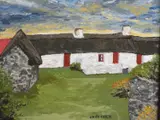 White washed cottages below a sunset sky by Owen Meilir oil on board, oil on board, sold Apr 2022