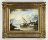 oil on panel - 19th Century Dutch river scape with man-o-war, church and windmill, by R. Cavatta, oil on panel, sold Mar 2022