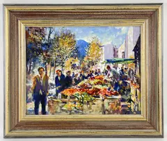 oil on board - Fruit market, signed, 34 x 44cms by Matt Bruce, oil on board, offered Mar 2022