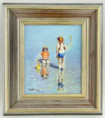 oil on board - Beach Play, signed, 29 x 24cms by Matt Bruce, oil on board, sold Mar 2022