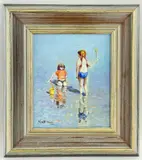 oil on board - Beach Play, signed, 29 x 24cms by Matt Bruce, oil on board, sold Mar 2022
