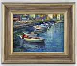 oil on board - Harbour boats, signed, 29 x 39cms by Matt Bruce, oil on board, sold Mar 2022