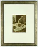 oil on card - Interior with figure, (post framing image of inscription by Colin Watson, oil on card, sold Mar 2022