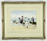 watercolour- Edwardian family paddling on a beach with pier in the distance, signed, by Albert W Smith, watercolour, offered Mar 2022