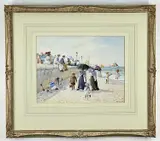 watercolour- Edwardian family walking on a beach beside sea wall, signed, 23 x by Albert W Smith, watercolour, offered Mar 2022