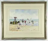 watercolour - Edwardian family paddling on a beach with chalk cliffs in the by Albert W Smith, watercolour, offered Mar 2022