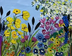 Colourful acrylic study of flowers by Shan Eccles, acrylic, offered Mar 2022