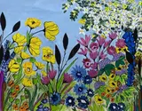 Colourful acrylic study of flowers by Shan Eccles, acrylic, offered Mar 2022