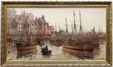 oil on canvas - fishing boats and ships in a northern European harbour, signed, 54 x by Gordon Allen, oil on canvas, sold Feb 2022