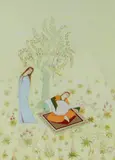 Maiden beside a tree with two by Mehdi Ghanbeigy, gouache on board, sold Feb 2022