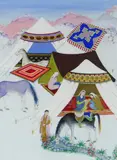 Horses and figures in an encampment by Mehdi Ghanbeigy, c.1980, gouache on board, sold Feb 2022