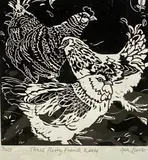 3 flirty French hens by Ann Lewis limited edition, linocut, sold Jan 2022