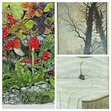 A robin and butterfly amongst fruit and by Jane Bunce colourful limited edition print, print, offered Jan 2022