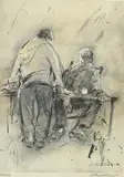 Print - two farmers chatting by William Selwyn limited edition, print, sold Dec 2021