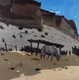 Print - Patagonian landscape with grazing horses by Kyffin Williams Ra limited edition, print, sold Nov 2021