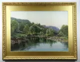 River Conwy with cottage and stone bridge by Thomas Greenhalgh, watercolour, sold Oct 2021
