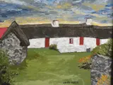 White washed cottages below a sunset sky by Owen Meilir oil on board, oil on board, offered Oct 2021