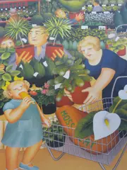 Depicting a family in a garden centre by Beryl Cook signed limited edition print, print, offered Aug 2021