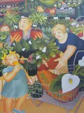 Depicting a family in a garden centre by Beryl Cook signed limited edition print, print, offered Aug 2021