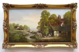 Puppies and Children, a farm with figures beside a stream by Ronald Horsewell, oil on canvas, sold Aug 2021