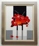 Still life of red blossoms by Nigel J. Greaves, acrylic on canvas, sold Aug 2021