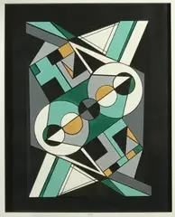 Colourful geometric acrylic abstract study, green bases, 29 x 41cms by Shan Eccles, acrylic, sold Jul 2021