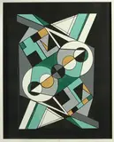 Colourful geometric acrylic abstract study, green bases, 29 x 41cms by Shan Eccles, acrylic, sold Jul 2021