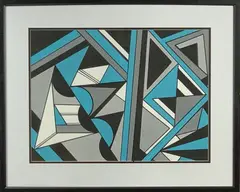 Colourful geometric acrylic abstract study with blue bases, 29 x 38cms by Shan Eccles, acrylic, offered Jul 2021