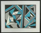 Colourful geometric acrylic abstract study with blue bases, 29 x 38cms by Shan Eccles, acrylic, offered Jul 2021